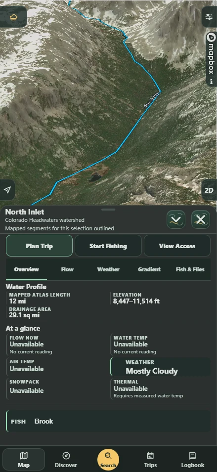 Mobile Atlas showing North Inlet through a mountain valley above its selected-water profile, weather, fish information, and field navigation.